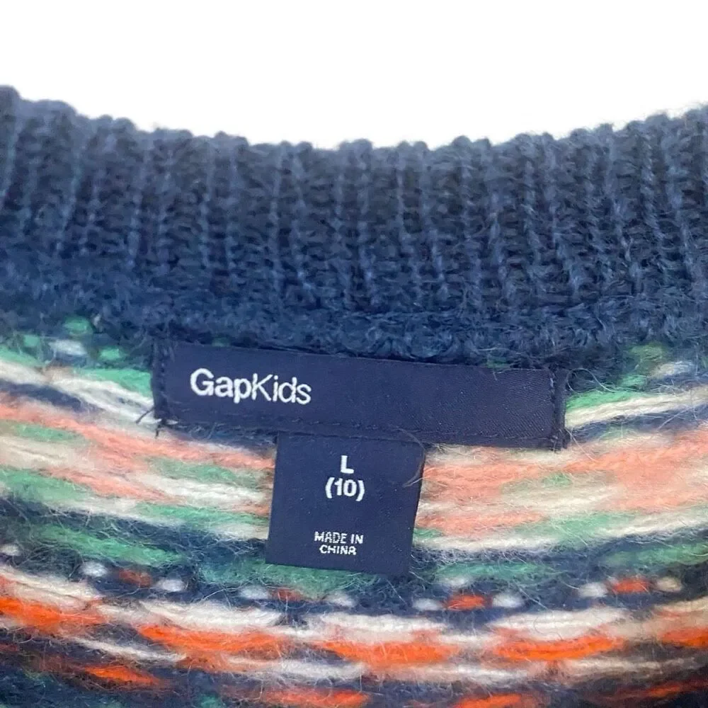 Gap Kids size 10/12 fair isles orange and blue long sleeve sweater wool mohair b